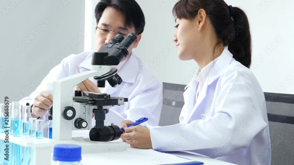 Male scientist advise to team how to work. Asian Scientist working together at laboratory. People with medical, science, doctor, healthcare concept. 4K Resolution. Male scientist advise to team how to work. Asian Scientist working together at laboratory. People with medical, science, doctor, healthcare concept. 4K Resolution.