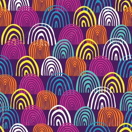 Doodle rainbow seamless vector pattern. Teal, blue, pink, white, and orange half circles on purple background. Textured backdrop. Hand drawn rainbow shapes endless background. Great for kids.