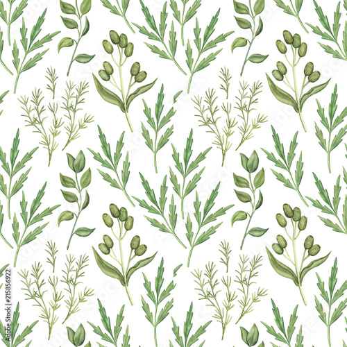 Seamless pattern of wild summer greenery - wild meadow plants, stems and leaves, watercolour raster illustration on white background. Seamless pattern, backdrop with hand-drawn watercolor greenery © big_and_serious