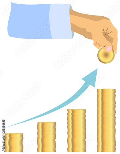 Hand placing golden coin to coin stack  staircase with arrow showing upward growth