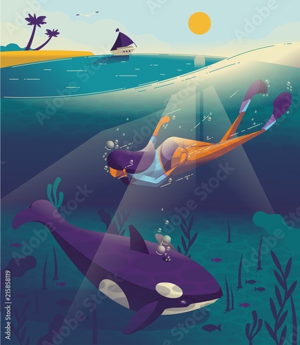 Girl swimming underwater with a whale
