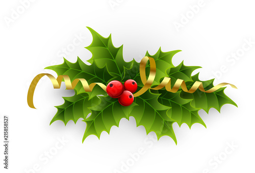 Illustration of a holly berries and tinsel on a white background.