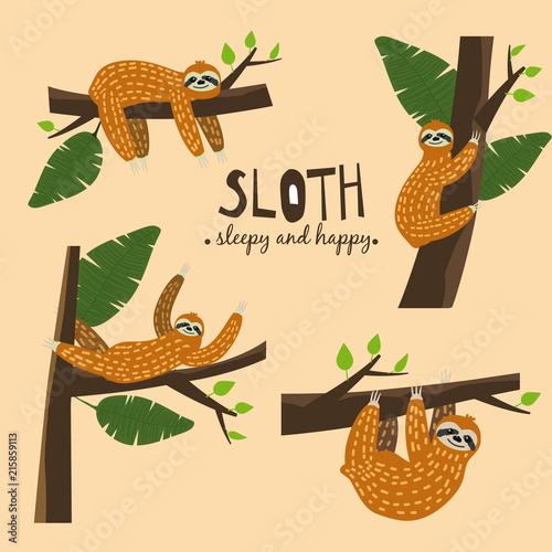 Set Cute funny sloth hanging on the tree. Sleepy and happy. Adorable hand drawn cartoon animal illustration. Vector cute sloth for greeting card, invites, poster, banner, t-shirt print, background