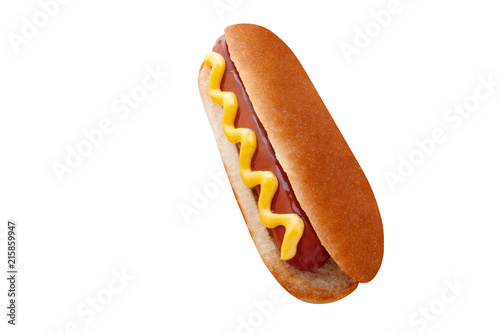 Hot Dog classic with yellow Mustard isolated on a white background. Frankfurter. Sausage Sandwich. Wiener. Street eat. Snack. Concept for cafes, restaurants, bars, fast food outlets.