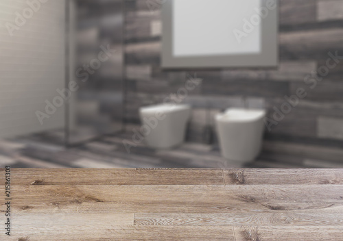 Background with empty wooden table. Flooring. Modern bathroom with large window.