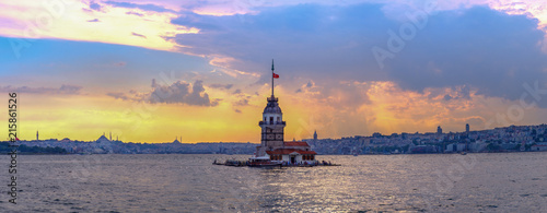 Sunset in Istanbul, Turkey. View of the Maiden Tower and the Bosphorus