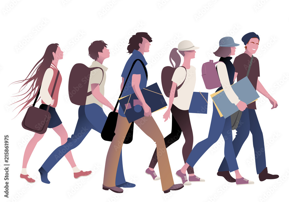 Gang of teenage students going back to school. Three girls and three boys with backpacks, folders and books on white background. Gang of teenage students going back to school. Three girls and three boys with backpacks, folders and books on white background.
