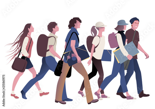 Gang of teenage students going back to school. Three girls and three boys with backpacks, folders and books on white background.