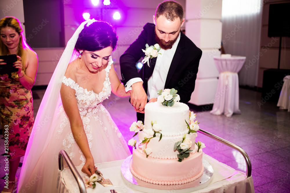 Happy bride and groom cut the wedding cake Happy bride and groom cut the wedding cake