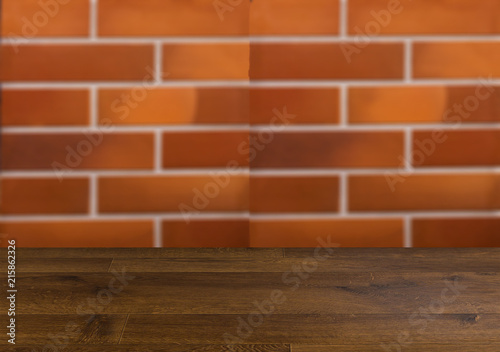 Texture of natural brick. Facing materials. Background with empty wooden table. Flooring.