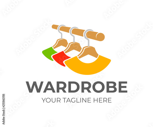 Wardrobe and hangers with clothes, logo design. Wardrobe stand with hangers and colorful clothes hanging on rail in wooden wardrobe, vector design. Fashion, shop and textile industry, illustration
