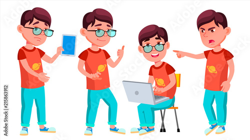 Boy Schoolboy Kid Poses Set Vector. Primary School Child. Happy Childhood. Abc. Friend, Stages. For Web, Poster, Booklet Design. Isolated Cartoon Illustration