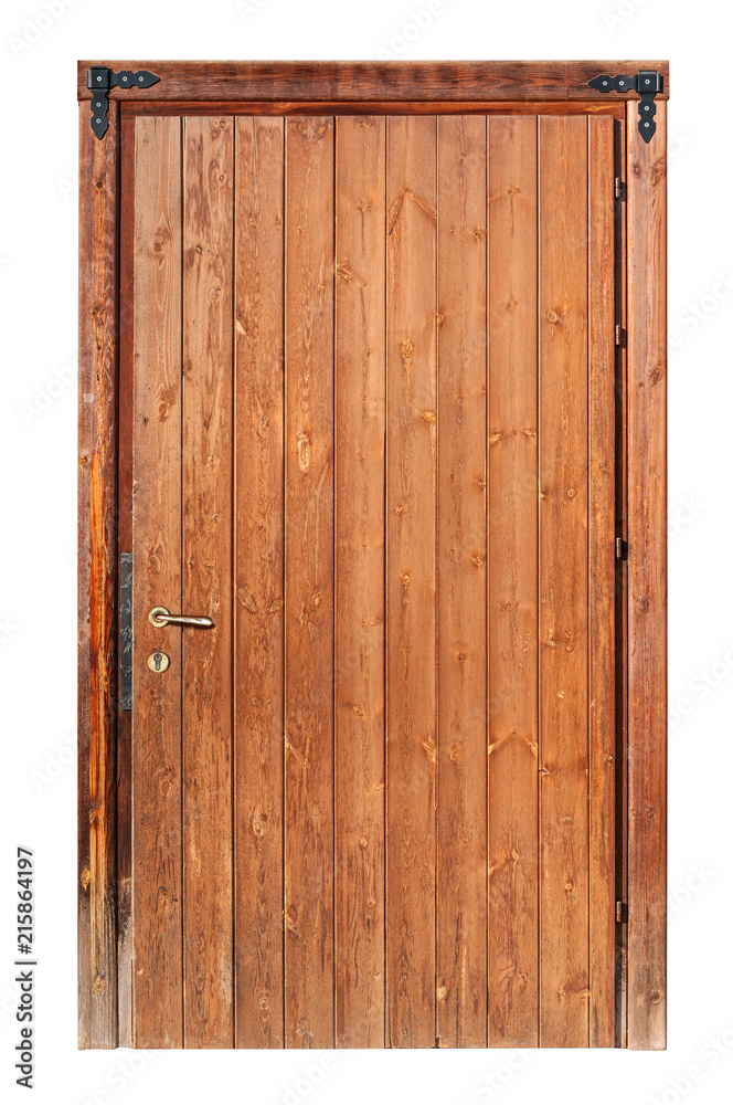 Obraz premium A wooden door made of vertical boards isolated on white background