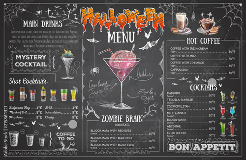 Vintage chalk drawing halloween menu design. Restaurant menu
