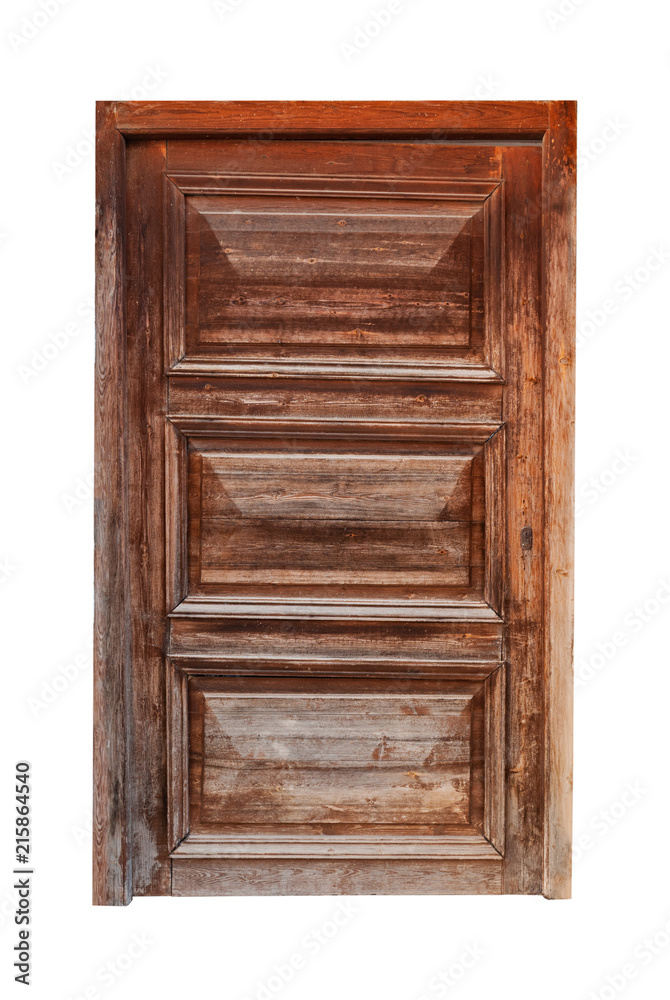 A wooden frame and panel door isolated on white background