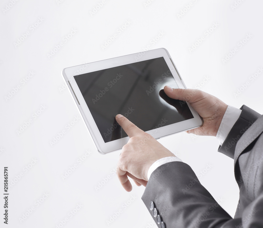 close up.businessman using digital tablet.isolated on white close up.businessman using digital tablet.isolated on white