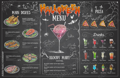 Vintage chalk drawing halloween menu design. Restaurant menu