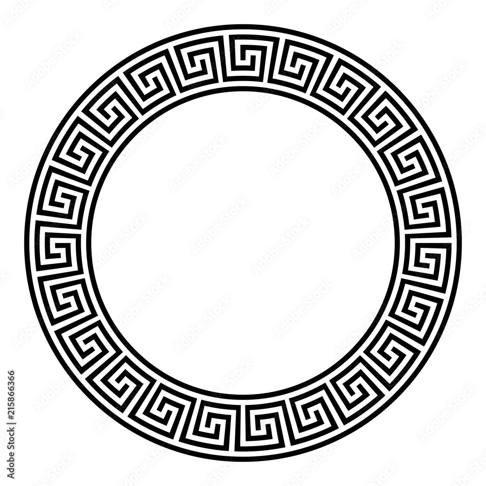 Circle frame with seamless disconnected meander pattern. Meandros, a  decorative border, constructed from lines, shaped into a repeated motif.  Greek fret or Greek key. Illustration over white. Vector. vector de Stock