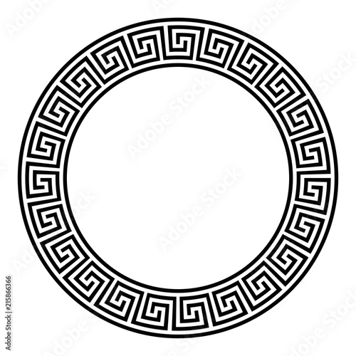 Circle frame with seamless disconnected meander pattern. Meandros, a decorative border, constructed from lines, shaped into a repeated motif. Greek fret or Greek key. Illustration over white. Vector. photo