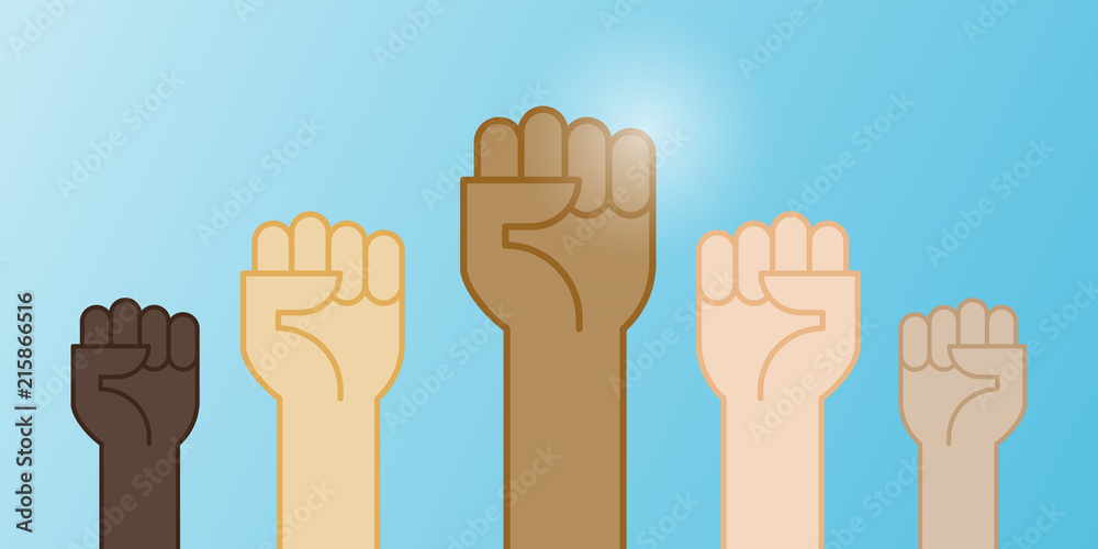Obraz premium Multiracial fists hands up vector illustration. Concept of unity, revolution, fight, cooperation. Flat outline design.