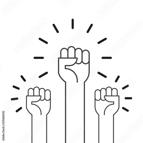 Fists hands up vector illustration. Concept of unity, revolution, fight, cooperation. Flat outline design.