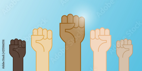 Multiracial fists hands up vector illustration. Concept of unity, revolution, fight, cooperation. Flat outline design.