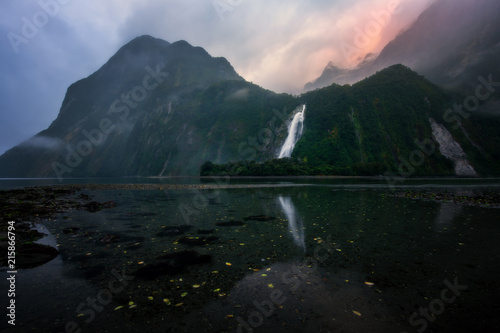 Lady Bowen Falls at sunrise, Milford Sound, Fiordland National Park, South Island, New Zealand photo