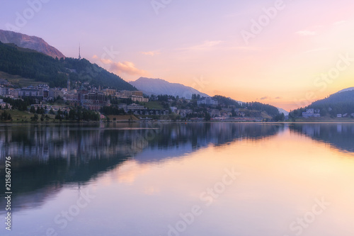 Sunrise at Lake of St. Moritz (Lej da San Murezzan), Sankt Moritz, Engadine Valley, Graubunden photo