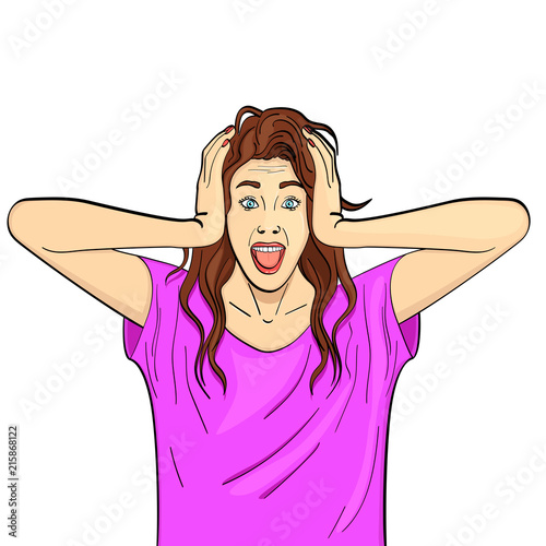 Isolated object on white background. Young girl, brunette screams, holds herself by the head. Psychological disease, hysterics. Comic style, vector