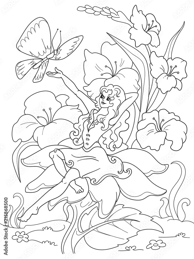 Obraz premium coloring page Thumbelina sitting on a flower