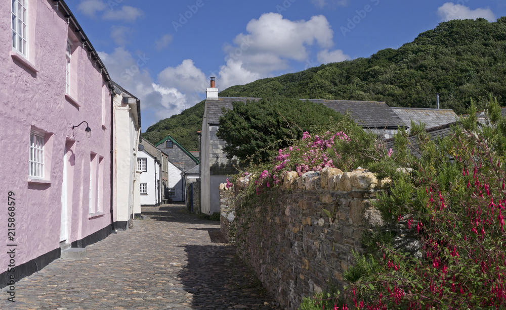 Pink house in a street in Boscastle Cornwall