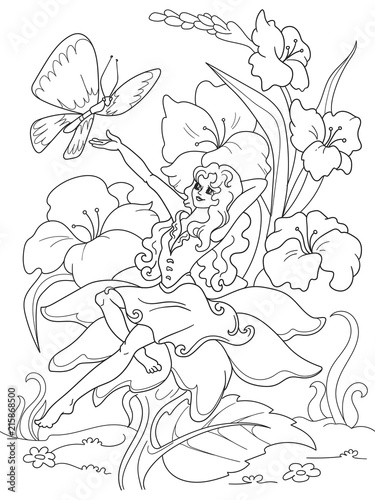 Fototapeta Naklejka Na Ścianę i Meble -  coloring page Thumbelina sitting on a flower