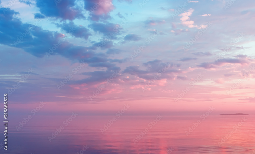 Misty Lilac Seascape With Pink Clouds - obrazy, fototapety, plakaty 