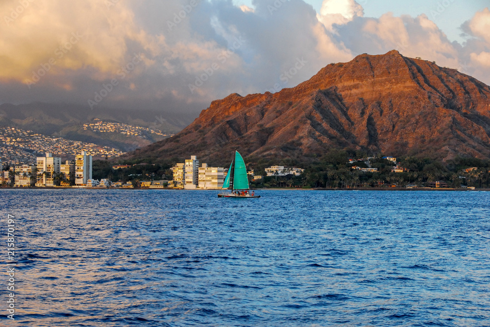 Honolulu Hawaii Sunset Sailboat and Diamond Head