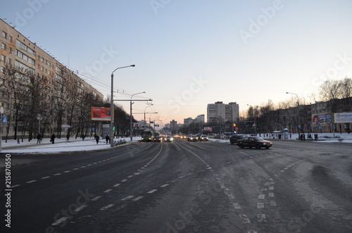City landscape, Driving part of the street with cars, in the evening in the winter