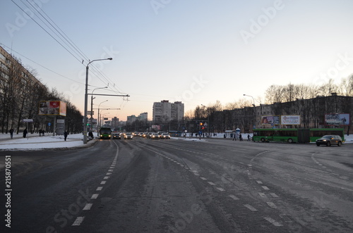 City landscape, Driving part of the street with cars, in the evening in the winter
