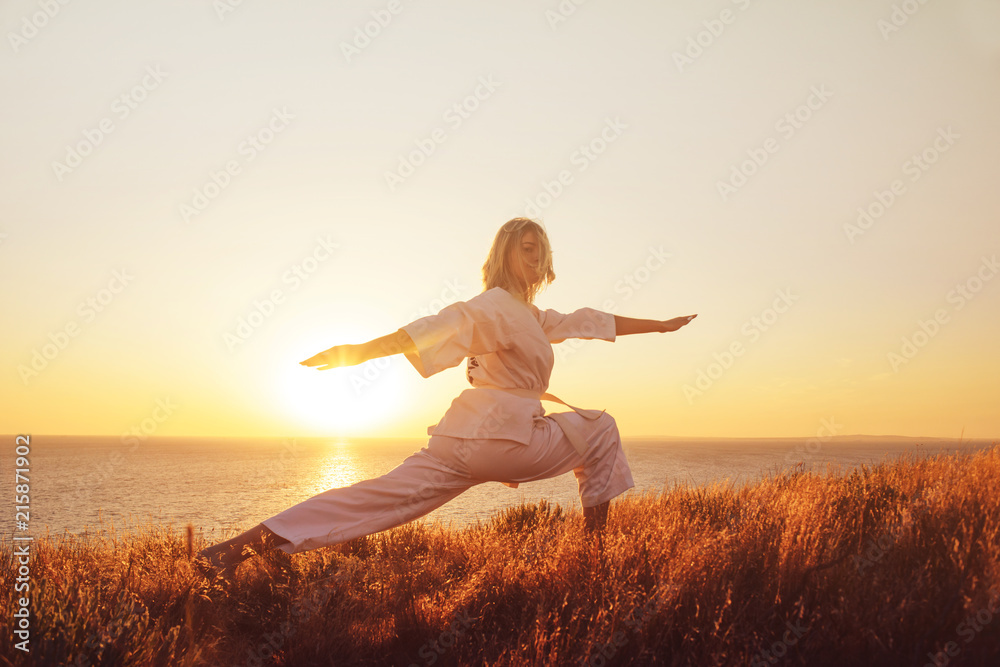 Karate girl in a white kimono on the beach, silhouette during training, meditation. Japanese traditional martial art. The concept of a healthy lifestyle.
Karate girl in a white kimono on the beach, silhouette during training, meditation. Japanese traditional martial art. The concept of a healthy lifestyle.
