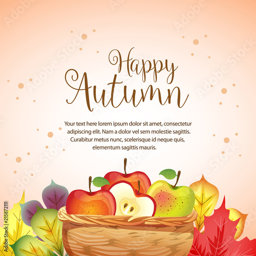 happy autumn border with apple in basket