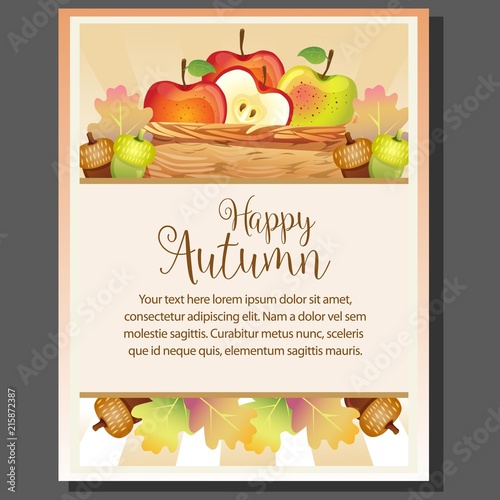 happy autumn thanksgiving poster with canary and basket of apple