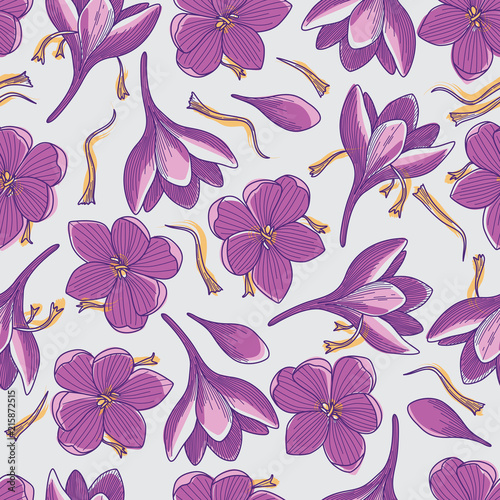 Crocus Flowers and Saffron Threads Seamless Pattern on Grey Background