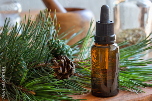 Bild auf Leinwand A bottle of pine essential oil with fresh pine branches