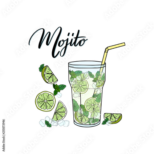 Mojito. Contemporary Classic cocktail. Hand sketched glass of fresh Mojito with straw, lime, mint, ice and lettering typography. Vector on white background made for menu design, bar, restaurant, print