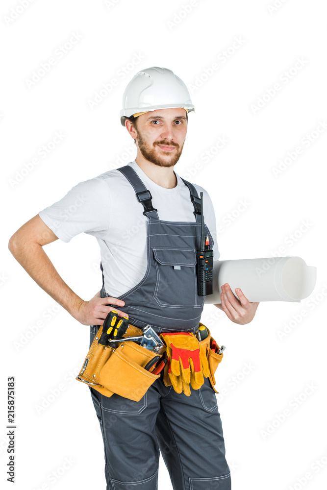 A builder or employee in a protective helmet with drawings in hand. Isolated on white background A builder or employee in a protective helmet with drawings in hand. Isolated on white background