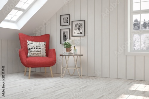 White room with armchair and winter landscape in window. Scandinavian interior design. 3D illustration