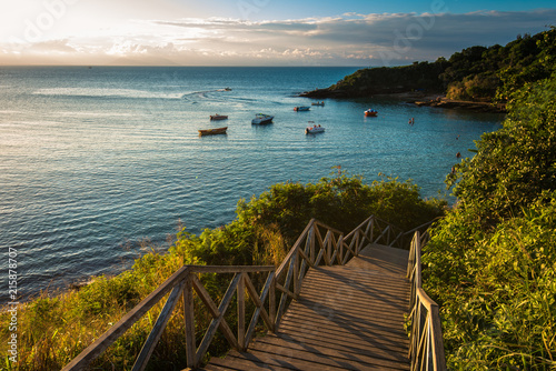 Wooden Stairs Leading to the Azeda Beach by Sunset in Buzios, Brazil photo