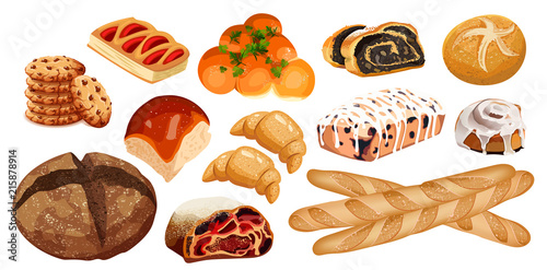 Set vector bread icons. Rye, whole grain and wheat bread, pretzel, muffin, croissant, bagel, french baguette, cherry strudel, bun, muffin with icing, roll with poppy seeds for design menu bakery