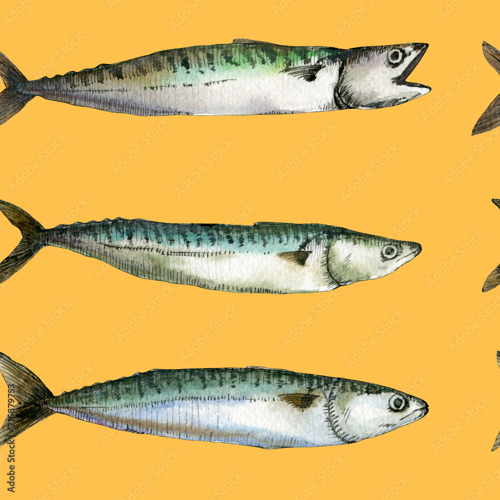 Funny retro style pin-up fishes seamless pattern drawn with watercolor and ink. Yellow background. Will be good for decor a postcard, posters, gift wrapping, gift boxes, fabric design and etc.