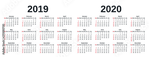 2019, 2020 calendar. Vector graphics. Week starts Sunday. Design stationery template with months of the year in simple style. Yearly calendar organizer for weeks on white background.