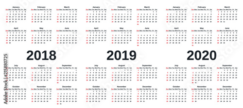 2018, 2019, 2020 calendar. Week starts Sunday. Vector. Stationery 2019 template in simple style. Yearly calendar organizer in minimal design.