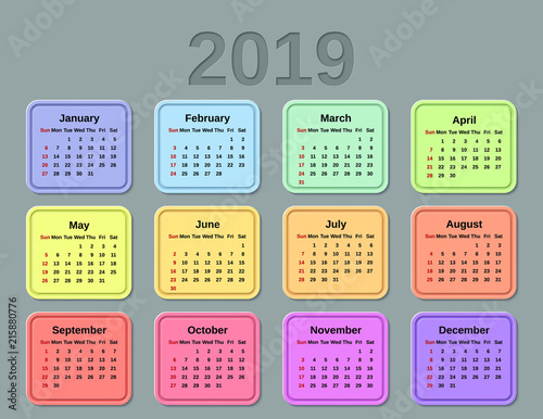 2019 calendar with months of the year. Vector graphics. Week starts Sunday. Design stationery template. Colorful illustration. Yearly simple calendar organizer on gray background.